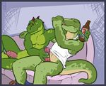  alcohol anthro balls beer beverage bottomless claws clothing complication_5 dinosaur drinking duo erection eyes_closed gay holding lizard male nude pants pants_down penis penis_grab reptile scalie shirt sitting sofa spread_legs spreading tank_top theropod 