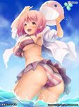  armpits arms_up ass bikini blush breasts character_request creature day large_breasts michiking ocean official_art open_mouth pink_hair seiken_durandal short_hair skirt sky smile solo striped striped_bikini swimsuit twisted_torso wading water watermark yellow_eyes 