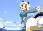  animal_ears ass blonde_hair blush elma_leivonen extra_ears flying from_behind green_eyes highres lens_flare looking_back military military_uniform open_mouth pantyhose reaching short_hair snow solo striker_unit tail tokiani uniform white_legwear world_witches_series 