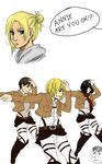  3boys annie_leonhardt armin_arlert belt bertolt_hoover black_hair blonde_hair blue_eyes boots brown_hair dancing drawfag english eren_yeager expressionless green_eyes hair_up highres jacket long_hair mikasa_ackerman multiple_boys multiple_girls non-web_source paradis_military_uniform parody pose pun scarf shingeki_no_kyojin short_hair simple_background sketch smile smooth_criminal sweat thigh_boots thighhighs three-dimensional_maneuver_gear uniform white_background 