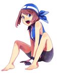  bandana barefoot bike_shorts blue_eyes brown_hair commentary_request full_body gloves looking_at_viewer odamaki_sapphire pokemon pokemon_special sitting solo white_background yui_ko 