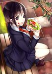  bench blazer branch breasts brown_eyes brown_hair falseele food food_on_face grass hamburger highres jacket large_breasts loafers looking_at_viewer necktie original school_uniform shoes short_hair sitting skirt socks solo 