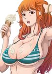  absurdres ao_madoushi bangle bikini_top bracelet breasts brown_eyes food food_on_body hair_tucking highres ice_cream ice_cream_cone jewelry large_breasts long_hair looking_at_viewer nami_(one_piece) one_piece open_mouth orange_hair simple_background solo tattoo tongue white_background 
