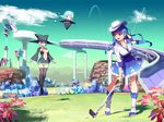  adjusting_hair arin ball bare_shoulders blue_eyes blue_hair blush breasts cadie cloud detached_sleeves dress golf_ball golf_club green_eyes hat highres kamdia long_hair medium_breasts multiple_girls pangya short_hair sky smile thighhighs white_hair witch witch_hat 