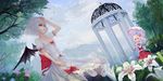  bat_wings blonde_hair cloud day dress_shirt flandre_scarlet flower gazebo highres lily_(flower) long_hair morning_glory multiple_girls no_hat no_headwear red_eyes remilia_scarlet shirt short_sleeves side_ponytail silver_hair sky smile touhou tuzki umbrella wings 