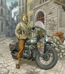  blonde_hair broken building cobblestone ground_vehicle harley_davidson helmet holding holding_helmet kilroy_was_here military military_police military_uniform motor_vehicle motorcycle nanba_(tanishi) original pavement road ruins short_hair smoke soldier star street uniform war world_war_ii 