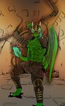  anthro armor chaos dragon dungeon horn karma lunardelalune male mask pose reptile scalie scythe sinigre solo 