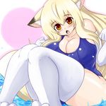  1girl animal_ears blonde_hair breasts elbow_gloves female fox_ears gloves huge_breasts long_hair numadaira one-piece_swimsuit open_mouth sitting solo swimsuit thick_thighs thighhighs thighs water white_gloves white_legwear white_thighhighs yellow_eyes 