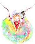  blonde_hair bug butterfly flandre_scarlet from_above hat insect rasha red_eyes seiza sitting solo touhou wings 
