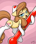  &lt;3 blue_eyes brown_fur brown_hair button&#039;s_mom button's_mom clothing cutie_mark equine female feral friendship_is_magic fur hair hat horse killryde legwear licking long_hair looking_at_viewer mammal mother my_little_pony nurse nurse_uniform open_mouth original_character parent plain_background pony smile solo stockings thermometer tongue tongue_out 