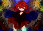  blouse bow cape eyelashes hair_bow hand_on_own_chest looking_at_viewer moryu multicolored multicolored_background open_mouth parted_lips red_eyes red_hair sekibanki short_hair skirt smile solo squinting touhou willow wind wind_lift 