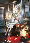  bare_shoulders bird blonde_hair blue_eyes crown dress feathers flying from_below indoors lantern leaning_forward looking_at_viewer moon moonlight night noki_(affabile) original owl plant potted_plant ribbon shiny shiny_skin short_hair sitting smile solo tree white_dress wind window 