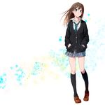  black_legwear brown_hair cardigan green_eyes hands_in_pockets idolmaster idolmaster_cinderella_girls jewelry kneehighs kyouno loafers long_hair necklace necktie pleated_skirt school_uniform shibuya_rin shoes skirt solo 