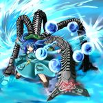  backpack bad_id bad_pixiv_id bag blue_background blue_hair boots doctor_octopus dress hair_bobbles hair_ornament hat kawashiro_nitori key marvel mechanical_arm shinmon_akika short_hair solo tentacles touhou two_side_up 