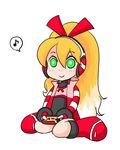  blonde_hair blush call_(mighty_no._9) call_f chibi controller famicom_gamepad game_controller gamepad green_eyes hair_ribbon headphones long_hair mighty_no._9 musical_note playing_games ribbon robot shilfy_yo sitting smile solo striped_sleeves wariza 