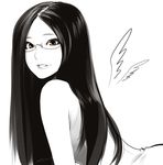  bare_shoulders dress eyelashes glasses highres lips long_hair looking_at_viewer monochrome original poaro signature simple_background smile solo spot_color tank_top very_long_hair white_background wings yellow_eyes 