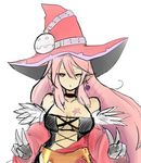  bare_shoulders breast_tattoo breasts choker corset detached_sleeves double_v drawfag earrings gloves hat heterochromia jewelry large_breasts long_hair luminous_arc pink_hair purple_eyes red_eyes solo star tattoo v vanessa_(luminous_arc) very_long_hair white_gloves witch witch_hat 