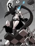  alex_ahad belt bikini_top black_gloves black_hair black_rock_shooter black_rock_shooter_(character) blue_eyes burning_eye cannon chain checkered checkered_floor collaboration expressionless flat_chest gloves gun long_coat long_hair mary_cagle navel off_shoulder pale_skin scar short_shorts shorts smoke smoking_gun solo spoken_star twintails uneven_twintails very_long_hair weapon 