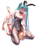  1boy 1girl animal_ears aqua_hair aqua_nails barefoot black_footwear black_legwear black_leotard black_neckwear blonde_hair blush bow bowtie breasts bunny_ears bunnysuit clothed_female_nude_male commentary_request detached_collar eye_contact eyes_closed femdom hatsune_miku high_heels highres kagamine_len leotard looking_at_another nail_polish nose_blush nude pantyhose simple_background sitting sitting_on_face sitting_on_person small_breasts strapless strapless_leotard toenails tongue tongue_out twintails vocaloid white_background wokada wrist_cuffs 