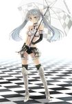  blue_eyes boots checkered checkered_background elbow_gloves fingerless_gloves gloves high_heels knee_boots long_hair miss_monochrome miss_monochrome_(character) race_queen silver_hair solo thighhighs twintails umbrella yamano_uzura 