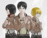  2boys armin_arlert belt black_eyes black_hair blonde_hair blouse blue_eyes emblem eren_yeager green_eyes highres jacket looking_at_viewer mikasa_ackerman mukuo multiple_boys paradis_military_uniform salute scarf shingeki_no_kyojin short_hair simple_background smoke survey_corps_(emblem) uniform 