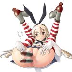 anal anal_object_insertion anus bar_censor blonde_hair blush bottomless brown_eyes censored elbow_gloves folded gloves kantai_collection knees_on_chest long_hair lying no_panties object_insertion on_back pussy shimakaze_(kantai_collection) shuuji_(shumi) skirt solo spread_legs striped striped_legwear thighhighs torpedo vaginal vaginal_object_insertion 
