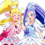  :d aida_mana bad_id bad_pixiv_id blonde_hair blue_bow blue_eyes blue_hair blush bow cheek_pinching closed_eyes cure_diamond cure_heart dokidoki!_precure highres hishikawa_rikka long_hair multiple_girls open_mouth pinching pink_bow pink_eyes pink_sleeves ponytail precure smile star white_background yupiteru 