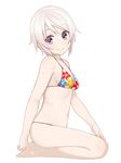  bad_id bad_pixiv_id barefoot bikini blush breasts cleavage from_side highres looking_at_viewer medium_breasts navel nnyu original purple_eyes seiza short_hair silver_hair sitting smile solo swimsuit white_background 