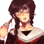  bad_id bad_tumblr_id black_hair blood blood_stain bloody_weapon braid danganronpa danganronpa_1 fukawa_touko glasses hair_over_shoulder long_hair maple_(maplehimes) round_eyewear school_uniform scissors serafuku solo twin_braids weapon 