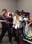  3boys cosplay everfeather hinanawi_tenshi hinanawi_tenshi_(cosplay) jojo_no_kimyou_na_bouken jojo_pose kirisame_marisa kirisame_marisa_(cosplay) koakuma koakuma_(cosplay) long_hair mask multiple_boys multiple_girls photo pose stone_mask_(jojo) touhou zun zun_hat 