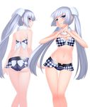  absurdres ass bikini blue_eyes breasts checkered cleavage heart heart_hands highres long_hair lucknight medium_breasts midriff miss_monochrome miss_monochrome_(character) navel silver_hair smile solo swimsuit thigh_gap twintails very_long_hair 