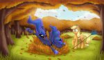  absurd_res applejack_(mlp) arthropod autumn blonde_hair cowboy_hat crown cutie_mark equine female feral fluffy_the_bringer_of_darkness friendship_is_magic fur green_eyes hair hat hi_res horn horse insect leaves long_hair mammal moth multi-colored_hair my_little_pony open_mouth orange_fur otakuap pile pony princess_luna_(mlp) rake royalty smile tree winged_unicorn wings 