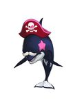  absurdres animal arafune_ale black_eyes clothed_animal facial_hair fake_facial_hair fake_mustache fins floating fuse_takuro gyakuten_saiban gyakuten_saiban_5 hat highres mustache no_humans official_art open_mouth orca pirate_hat sharp_teeth simple_background solo star tail teeth white_background 