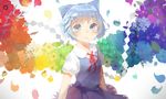  acidear blue_dress blue_eyes blue_hair bow cirno dress flower hair_bow looking_at_viewer puffy_sleeves rainbow_background shirt short_sleeves solo touhou 
