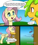  3mangos blush comic cutie_mark dialog duo english_text equine female feral fluttershy_(mlp) friendship_is_magic grab hair horse mammal mango_(character) monochrome my_little_pony original_character outside pegasus pony standing sweat text tongue wings 