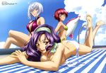  absurdres ahoge armpits bangs barefoot beach_towel beads bikini blue_eyes blue_sky blush bob_cut breast_press breasts butt_crack casual_one-piece_swimsuit checkered cleavage cloud convenient_arm crossed_legs day feet flipped_hair foreshortening green_bikini hair_beads hair_ornament hairband halterneck highres holding holding_arm ichikawa_yoshiyuki inflatable_dolphin inflatable_toy kisaragi_minase large_breasts legs legs_up lipstick long_hair long_legs looking_at_viewer looking_back lying makeup megami multiple_girls naomi_sinclair non-web_source o-ring o-ring_swimsuit official_art on_stomach one-piece_swimsuit orange_eyes outdoors polka_dot polka_dot_bikini polka_dot_swimsuit pool_ladder poolside purple_hair purple_swimsuit red_eyes red_hair red_lipstick scan shiny shiny_hair shiny_skin shizuka_(star_plus_one) short_hair side-tie_bikini side_ponytail sideboob silver_hair sitting sky small_breasts smile soles star_plus_one striped sun swimsuit toes topless towel two_side_up untied untied_bikini wavy_hair white_bikini 