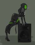  abstract_background alien annoying_watermark anthro bent_over breasts clothed clothing female green_background heels mass_effect nimtai plain_background plantigrade quarian simple_background solo speaker standing watermark 