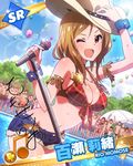  ;d armlet artist_request audience badge balloon beamed_eighth_notes blush breasts brown_hair card_(medium) character_name character_signature cleavage cowboy_hat denim fringe_trim hat idolmaster idolmaster_million_live! large_breasts lens_flare looking_at_viewer microphone microphone_stand momose_rio musical_note official_art one_eye_closed open_mouth pool purple_eyes sheriff_badge shirt smile tied_shirt wrist_cuffs 