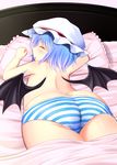  ass bat_wings bed blue_hair blush from_behind hat hat_ribbon highres lying on_stomach open_mouth panties pillow remilia_scarlet rena_(riries) ribbon short_hair sleeping solo striped striped_panties touhou underwear underwear_only wings 