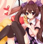  black_legwear blush brown_eyes brown_hair cellphone cellphone_camera checkered checkered_skirt curtains cushion hat heart himekaidou_hatate long_hair necktie paragasu_(parags112) phone ribbon skirt smile solo thighhighs tokin_hat touhou twintails window 