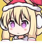  1girl :&lt; azur_lane bangs blonde_hair blush closed_mouth commentary_request fur-trimmed_hat hair_between_eyes hair_ornament hat long_hair looking_at_viewer nagato-chan portrait purple_eyes red_hat santa_hat sidelocks simple_background solo v-shaped_eyebrows warspite_(azur_lane) yellow_background 