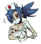  1girl baby blue_hair breasts choker cleavage eyepatch flying_sweatdrops gats_(nougats) gloves hair_over_one_eye hat large_breasts mother_and_child nurse nurse_cap ponytail red_eyes skullgirls surgical_mask valentine_(skullgirls) white_gloves 