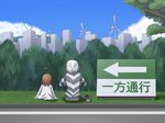  1girl accelerator ahoge brown_hair cityscape cloud crutch day from_behind last_order pun road scenery shirt short_hair sign sitting sky to_aru_majutsu_no_index translated white_hair windmill yasutake 