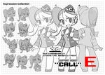  bangs call_(mighty_no._9) call_e character_sheet concept_art contrapposto dress expressionless expressions garrison_cap greyscale hand_on_hip hat headset ishikawa_hideki long_hair mighty_no._9 monochrome necktie short_dress side_ponytail standing 