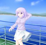 alternate_costume bad_id bad_pixiv_id blue_sky blush_stickers breasts cloud day forest hand_behind_head handrail high_collar hishi_(radioiso) large_breasts lavender_hair letty_whiterock looking_at_viewer mountain nature open_mouth outdoors purple_eyes ribbed_sweater shore short_hair skirt sky solo sweater touhou water wind wind_lift 