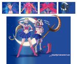  back_bow bishoujo_senshi_sailor_moon blonde_hair blue_eyes blue_sailor_collar blue_skin blue_skirt boots bow cosplay crescent_moon diana_(league_of_legends) elbow_gloves facial_mark forehead_mark gloves holyelfgirl hooves horn knee_boots league_of_legends long_hair moon multi-tied_hair multiple_girls parody pleated_skirt pointy_ears red_bow sailor_collar sailor_moon sailor_moon_(cosplay) sailor_senshi_uniform skirt soraka staff very_long_hair white_gloves white_hair 