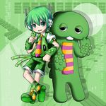  1boy 2boys dino dinosaur dragon duo green green_eyes green_hair green_skin happy headphones male male_focus monster multiple_boys open_mouth ryuuto ryuuto_(vocaloid) scales smile solo tooth vocaloid 