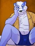  badger blue_eyes blue_fur boxers bulge chest_tuft clamcrusher clothing fur jay_wolfe looking_at_viewer male mammal mustelid navel open_shirt shirt sitting solo spread_legs spreading tuft underwear 