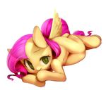  equine female feral fluttershy_(mlp) friendship_is_magic fur green_eyes hair horse iizuna lying mammal my_little_pony on_side pegasus pink_hair plain_background pony solo white_background wings yellow_fur 