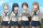  alternate_costume artist_name bag black_hair brown_eyes brown_hair dated green_eyes kanokoga long_hair miyafuji_yoshika multiple_girls nakajima_hayate paper reading school_bag school_uniform serafuku short_hair silver_hair skirt strike_witches suwa_goshiki world_witches_series yamakawa_michiko 